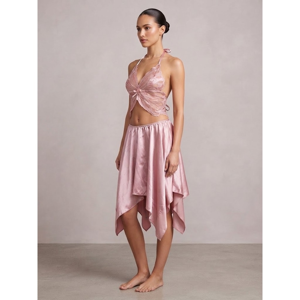 Y2K Dress Women XL Pink Butterfly Lace Satin Halter Fairycore Handkerchief Hem